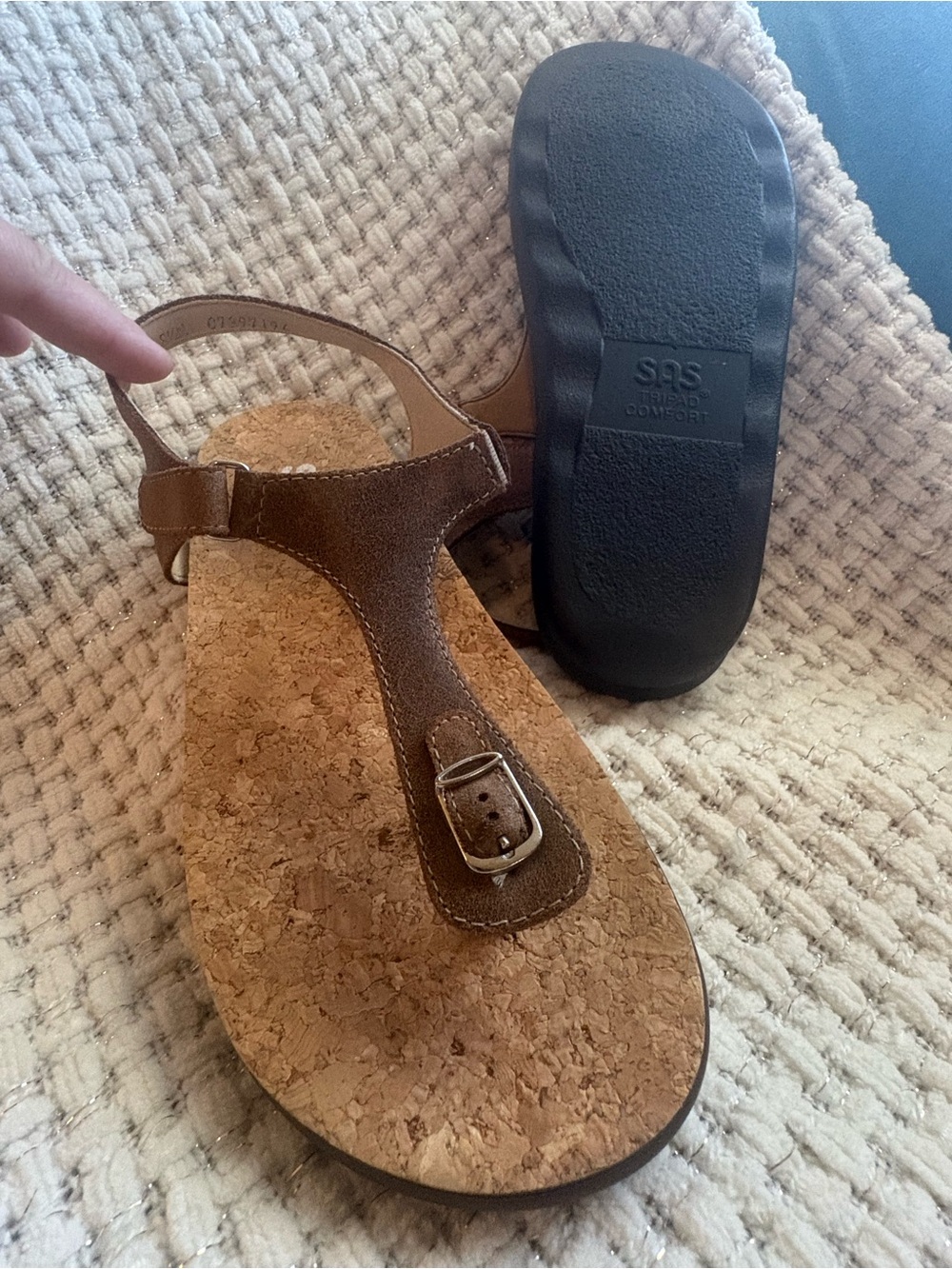 SAS Marina Brown Cork T‑Strap Sandals with Buckle Size 8.5